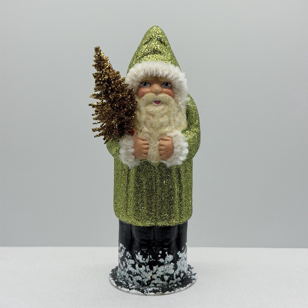 Ino Schaller Papier Mache Green Glitter Belsnickle Santa Tree Figurine 6.25"